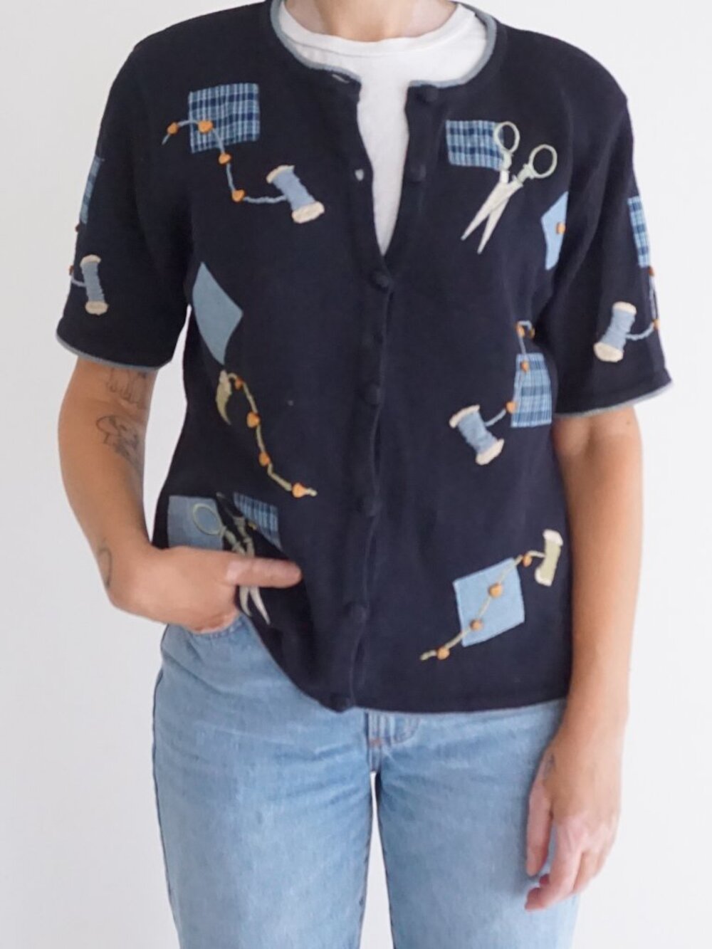 Vintage Christopher Banks Navy Sewing Scissors Patchwork Embroidered Cardigan S